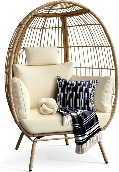 Egg Chair Outdoor Egg Lounge Chair with Cushion Wicker Chair PE Rattan Chair for Bedroom,Living Room, Patio, Garden, Backyard, Porch-Beige