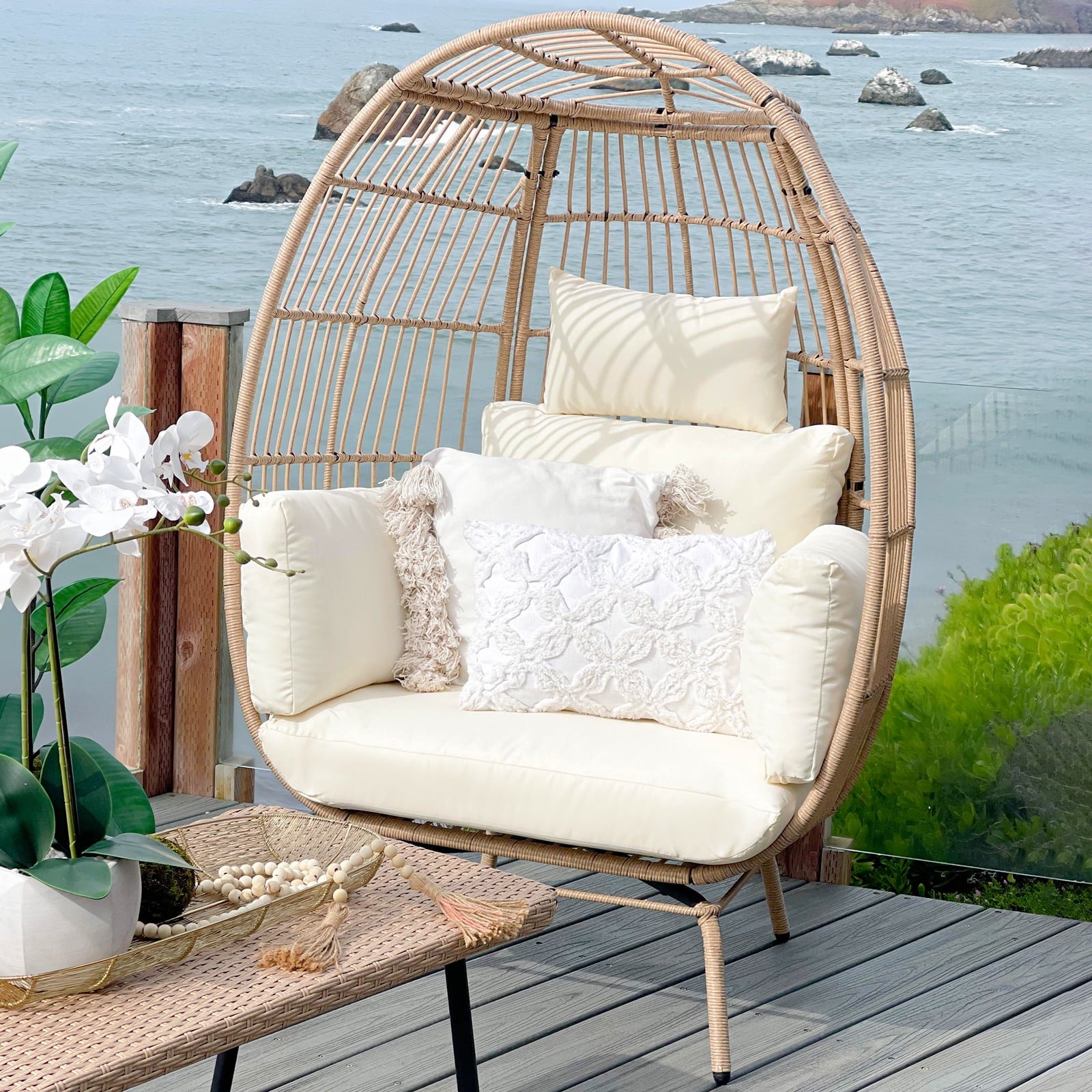 Egg Chair Outdoor Egg Lounge Chair with Cushion Wicker Chair PE Rattan Chair for Bedroom,Living Room, Patio, Garden, Backyard, Porch-Beige