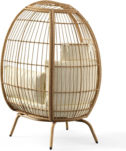 Egg Chair Outdoor Egg Lounge Chair with Cushion Wicker Chair PE Rattan Chair for Bedroom,Living Room, Patio, Garden, Backyard, Porch-Beige