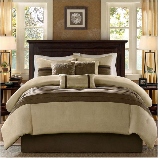 - Palmer 7 Piece Comforter Set - Natural - Queen - Pieced Microsuede - Includes 1 Comforter, 3 Decorative Pillows, 1 Bed Skirt, 2 Shams